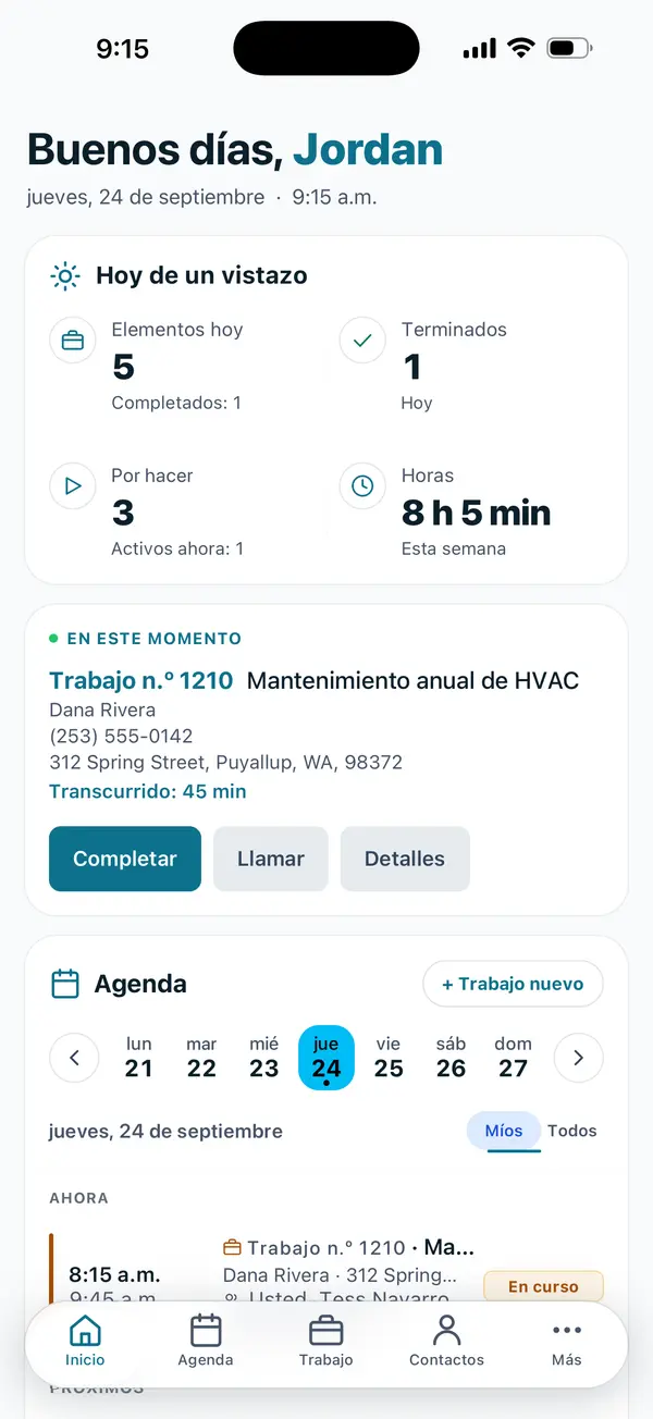 Zaras en iPhone: la mañana de un técnico, 5 elementos hoy con 1 terminado y 3 por hacer, 8 h 5 min esta semana y el trabajo en curso, un mantenimiento anual de HVAC para Dana Rivera en 312 Spring Street, que lleva 45 minutos, con los botones Completar, Llamar y Detalles.