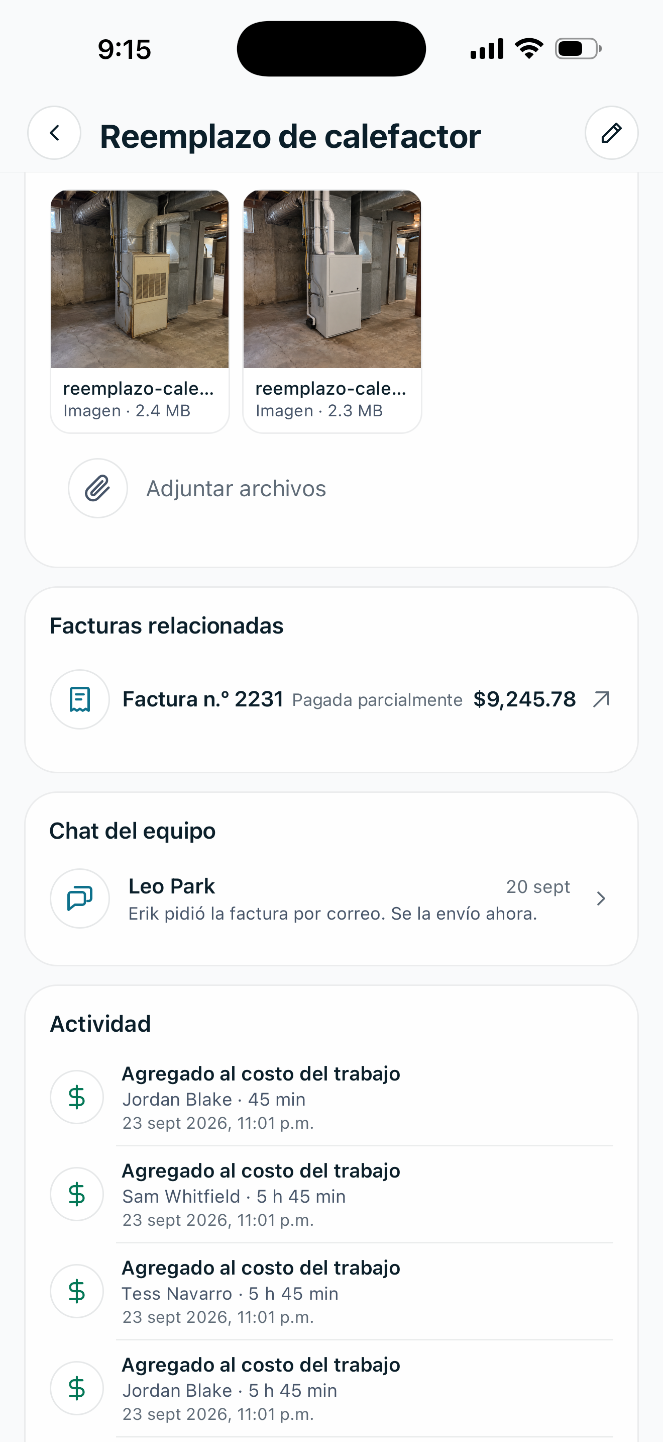 Zaras en iPhone: el trabajo de reemplazo de calefactor con una foto del antes y una del después del calefactor, su factura n.º 2231, pagada parcialmente, $9,245.78, un mensaje de Leo Park en el chat del equipo y las horas de la cuadrilla agregadas al costo del trabajo.