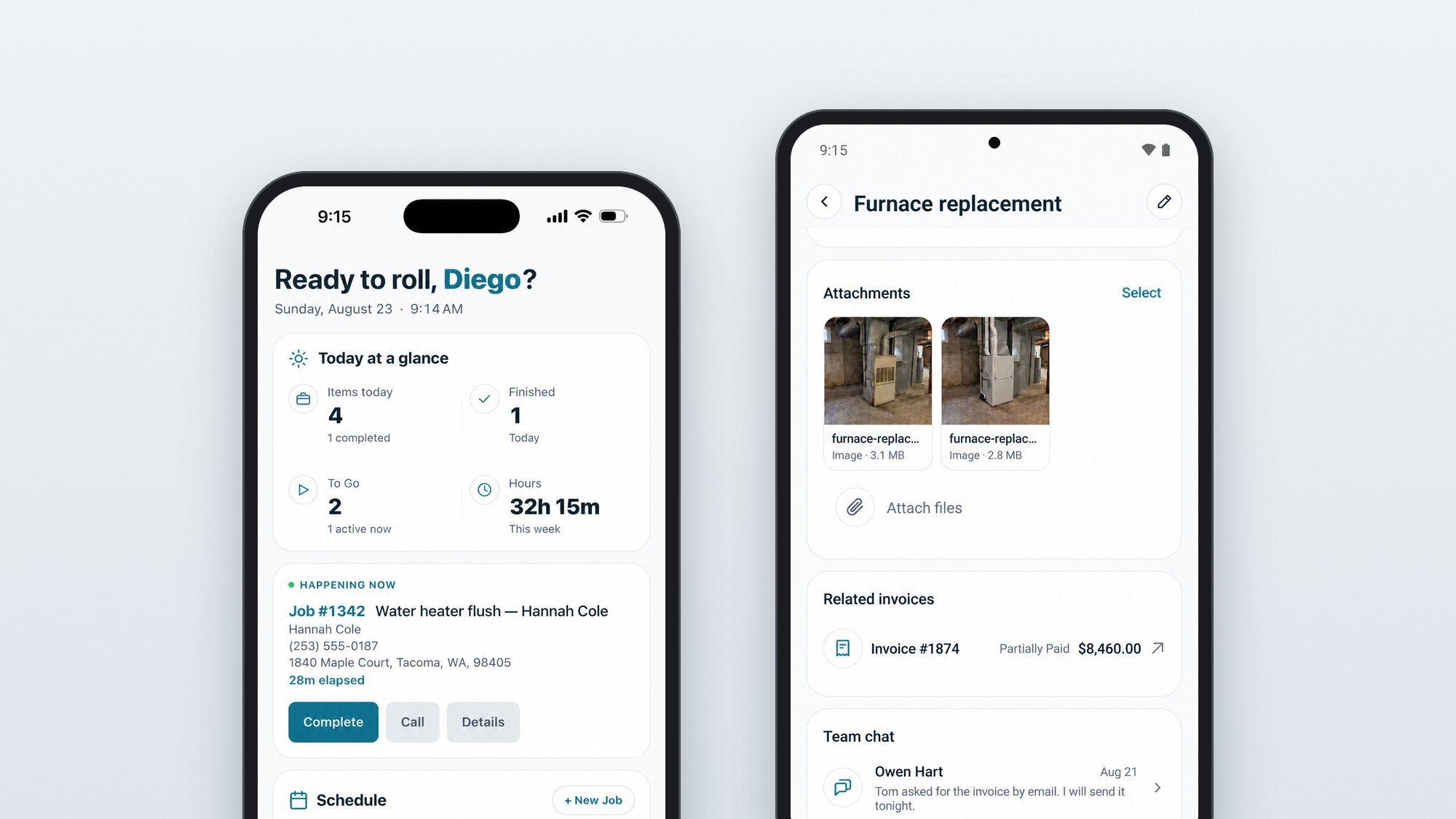 The Zaras field app on an iPhone, showing a tech's day and the job happening now, and on an Android phone, showing a job's photos, its invoice and the team chat