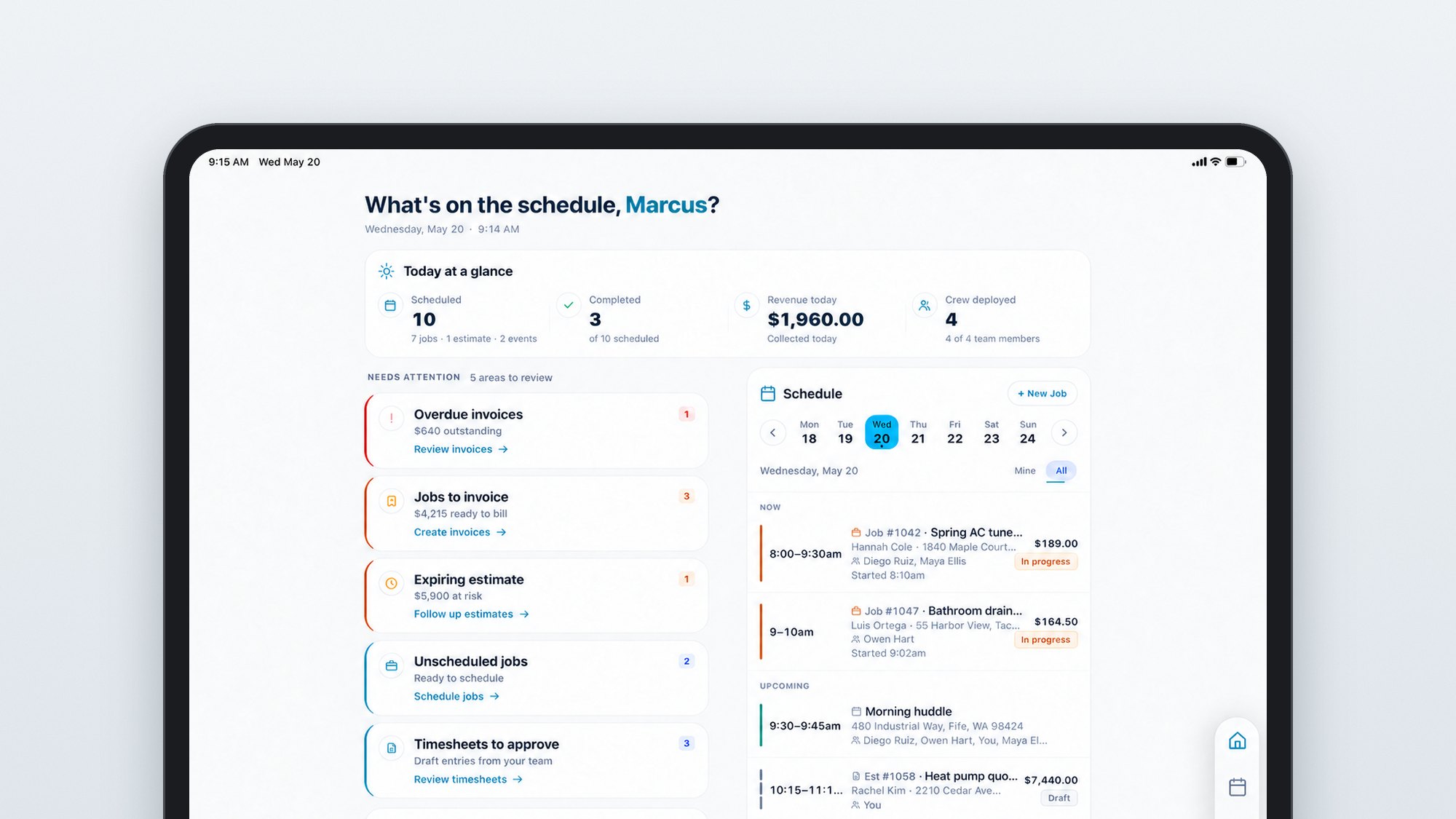 Zaras on an iPad, showing an owner's day at a glance, what needs attention and the schedule