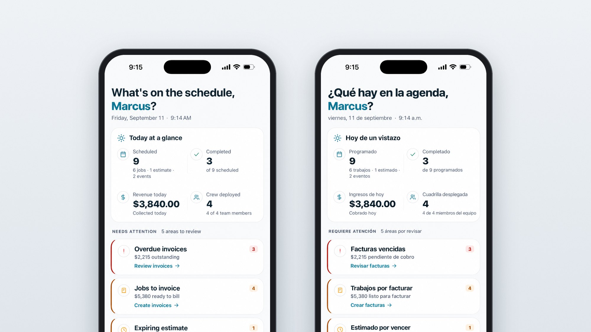 The Zaras field app on two iPhones showing the same Home screen, one in English and one in Spanish